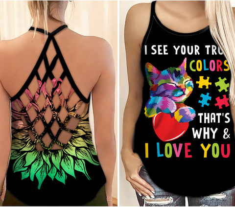 I See Your True Color Autism Awareness Criss Cross Tank Top Kitten Autism Awareness Shirts Autism Awareness Gift HT
