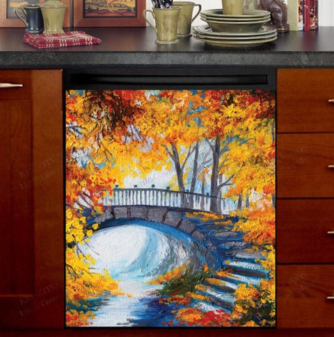 Autumn Forest Bridge Dishwasher Magnet Cover Kitchen Decoration Decals Appliances Stickers Magnetic Sticker ND
