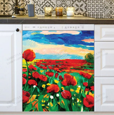 A Land of Poppies Dishwasher Magnet Cover Kitchen Decoration Decals Appliances Stickers Magnetic Sticker ND