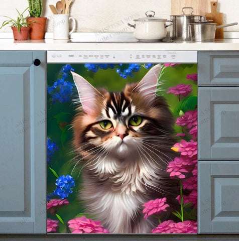 Maine Coon Cat in the Garden Dishwasher Magnet Cover Kitchen Decoration Decals Appliances Stickers Magnetic Sticker ND
