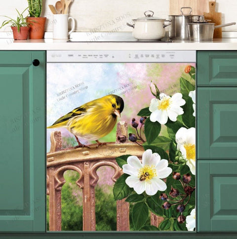 Little Yellow Bird Dishwasher Magnet Cover Kitchen Decoration Decals Appliances Stickers Magnetic Sticker ND