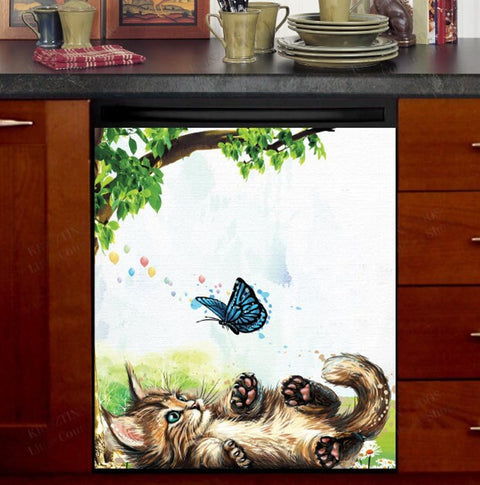 Cute Kitten Playing with a Butterfly Dishwasher Magnet Cover Kitchen Decoration Decals Appliances Stickers Magnetic Sticker ND