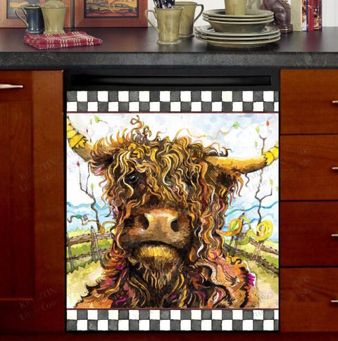 Cute Highland Country Cow Dishwasher Magnet Cover Kitchen Decoration Decals Appliances Stickers Magnetic Sticker ND