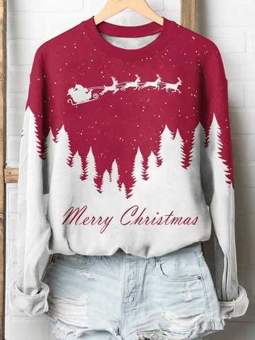 Santa And Reindeer Merry Christmas Print Long Sleeve Sweatshirt Christmas Gift Xmas Gift