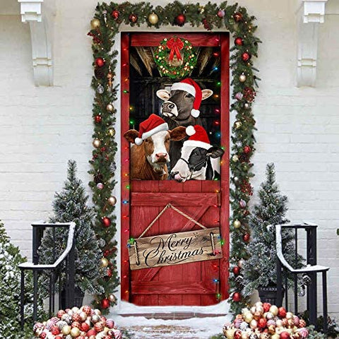 Cow Merry Christmas Door Cover Funny Cow Door Cover Christmas Home Decor Porch Home Holidays Decorations HT