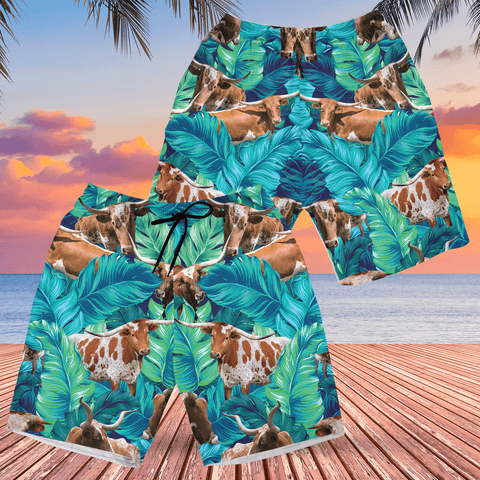 Texas Men Longhorn Cattle Shorts, TX Longhorn Cattle Lovers Hawaiian Shorts