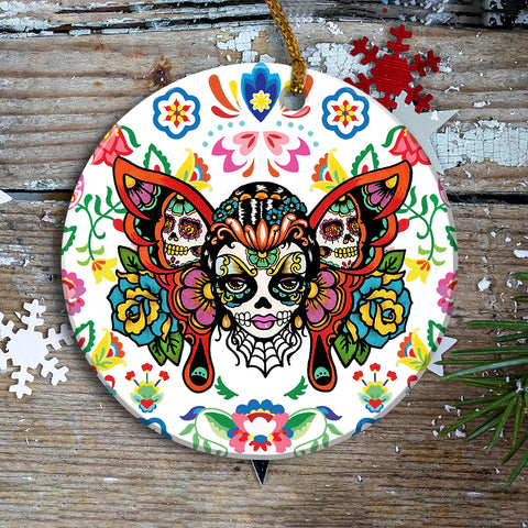 Butterfly Girl Ornament Skull Ornament Day of the Dead Sugar Skull Girl Tattoo Art Print Dia de los Muertos Hanging Ornament Tree Decor Indoor Car Decor HN