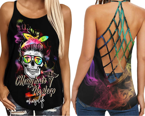 Gift For Nurse Skull Messy Hair No Sleep Criss-Cross Open Back Camisole Tank Top VA