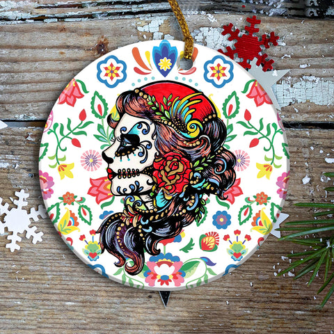 Rose Girl Ornament Skull Ornament Day of the Dead Sugar Skull Girl Tattoo Art Print Dia de los Muertos Hanging Ornament Tree Decor Indoor Car Decor HN