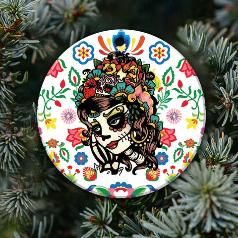 Sugar Skull Girl Ornament Skull Ornament Day of the Dead Sugar Skull Girl Tattoo Art Print Dia de los Muertos Hanging Ornament Tree Decor Indoor Car Decor HN