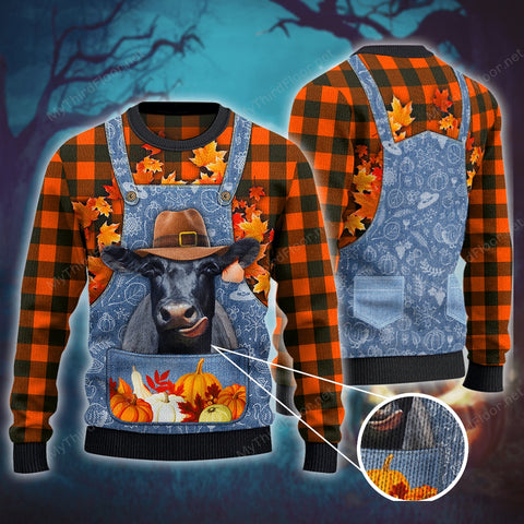 Black Angus Cattle Lovers Thanksgiving Gift Denim Bib Overalls Knitted Sweater wool sweater