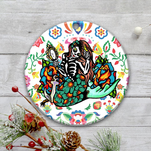 Mermaid Ornament Skull Ornament Day of the Dead Sugar Skull Girl Tattoo Art Print Dia de los Muertos Hanging Ornament Tree Decor Indoor Car Decor HN