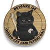 Black Cat Sign Beware Of Guard Cat And Flying Ball Round Wood Sign, Black Cat Baseball Wood Sign Home Decor HN