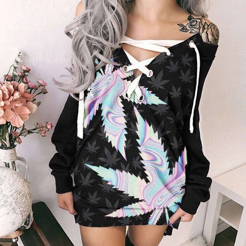 Hologram Cannabis Lace Up Sweatshirt For Women Marijuana 420 Weed Shirt Clothing Gifts HT