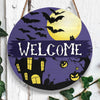 Welcome Sign, Halloween Night Moon Round Wood Sign, Scary Bat Halloween Wood Sign, Halloween Decor HN