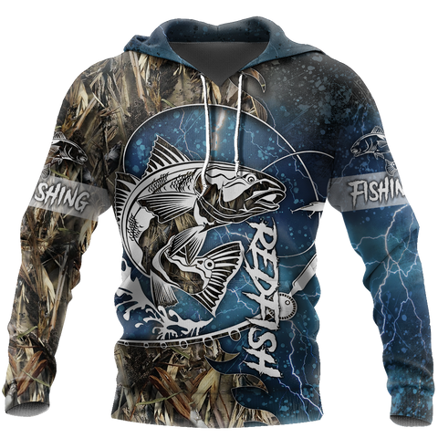 Red fishing all over printed hoodie T-shirt for men and women blue color