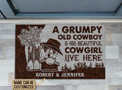 Personalized Cowboy And Cowgirl Live Here Leather Customized Doormat