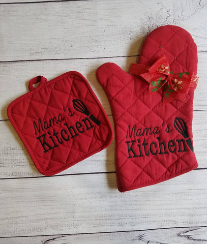 Mama's Kitchen Oven Mitts And Pot Holder Set Housewarming Gift Christmas Gift For Mom