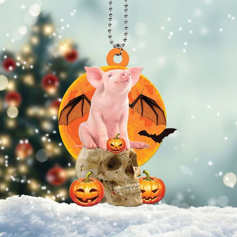 Pig, Skull, Pumpkin, Halloween, Car Hanging Ornament, Pig Ornament, Halloween Ornament, Plastic Car Ornament 2-Side Printable HT