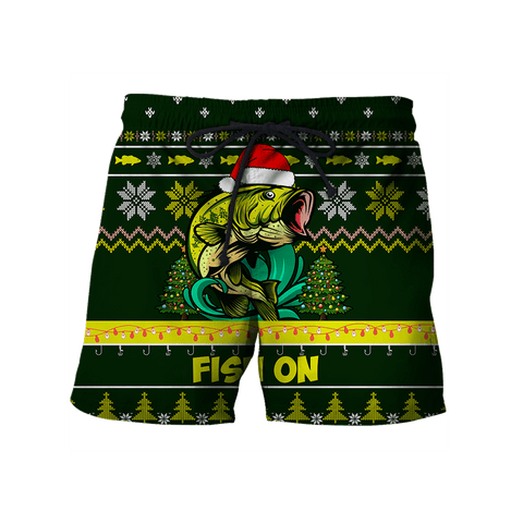 Men Short Bass Fishing Fish on Christmas Hat 3D Shirts