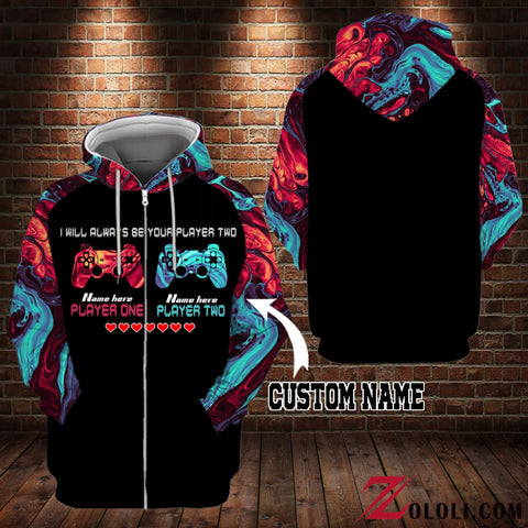 Gamer Couple I will always be your player two hoodie 3D TTM