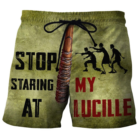 Stop Staring At My Luci  Custom Swim Trunks