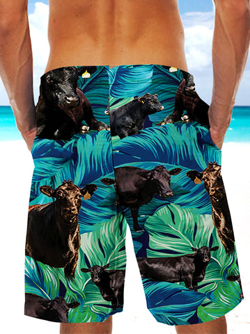 Men Black Angus Shorts, Cattle Shorts BLACK ANGUS CATTLE LOVERS HAWAIIAN SHORTS