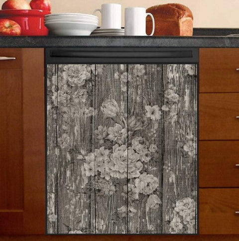 Kitchen Dishwasher Cover - Flowers on Dark Wood
