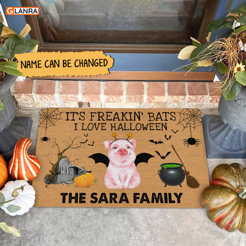 Personalized It's Freakin' Bats I Love Halloween Pig Doormat Halloween Decorations Home Decor Mat HT