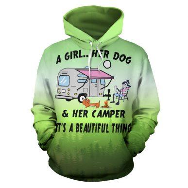 3D Camping Hoodie A Girl Her Dog And Her Camper Green Full Size