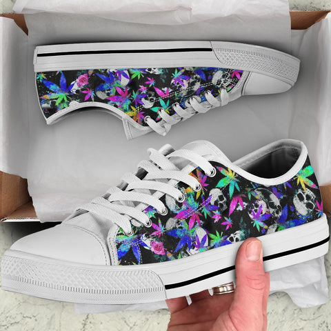 Skull Cannabis White Low Top Sneakers Shoes Marijuana 420 Weed Shoes Gifts For Men Women HT