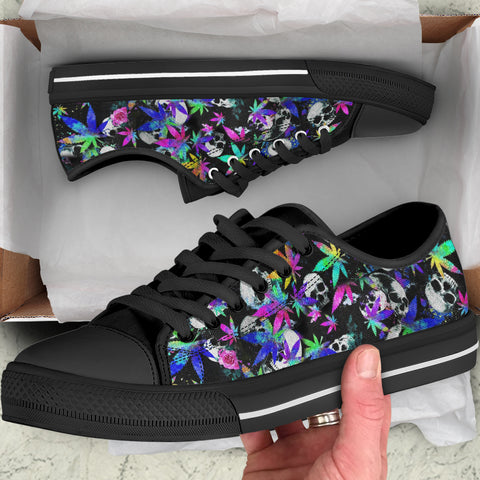 Skull Cannabis Black Low Top Sneakers Shoes Marijuana 420 Weed Shoes Gifts For Men Women HT