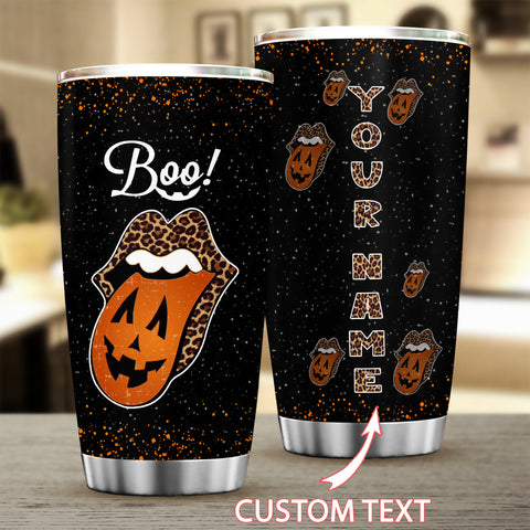 Pumpkin Halloween Tongue Mouth Leopard Pattern Tumbler Funny Halloween Gift HN
