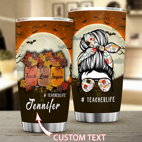 Teach Love Inspire Teacher Life Tumbler Skull Coffee Cup Halloween Gift for Teachers HN