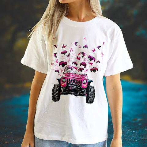 Women Shirt Pink Full of Jeeps Pink  Shirt Full Print, Breast Cancer Awareness Shirt, Flower Pink Ribbon Shirt