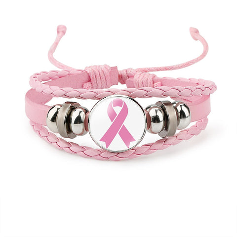 Breast Cancer Awareness Hope Bracelet For Women Pink Ribbon charm Braided leather Rope Wrap Bangle Fashion handmade Jewelry
