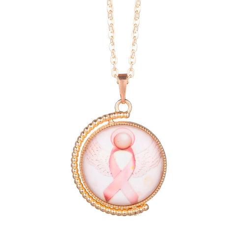 Angel Pink Breast Cancer Awareness Ribbon Swirl Heart Pendant Necklace Double Side Rotatable Pendant Jewelry for Girls