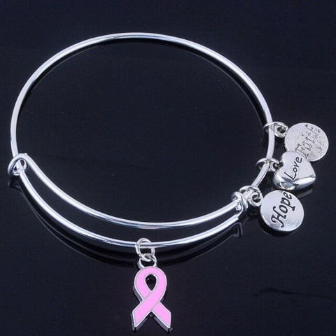 Care For Breast Cancer Pink Ribbon Bangles, Hope Love Faith Charm adjustable bracelets