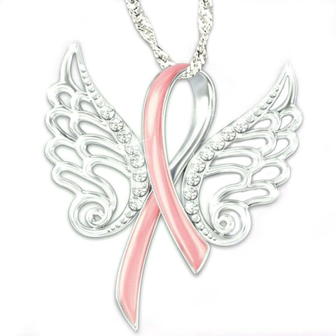 Angel Breast Cancer Awareness Ribbon Swirl Heart Pendant Necklace Glass Art Print Psychological Charm Girl And Lady Gift