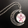 Pink Ribbon Breast Cancer Awareness Necklace Printed Photo Pendant Glass Cabochon Crescent Moon Necklaces 20mm Round Jewelry