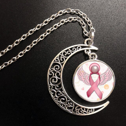 Pink Ribbon Breast Cancer Awareness Necklace Printed Photo Pendant Glass Cabochon Crescent Moon Necklaces 20mm Round Jewelry