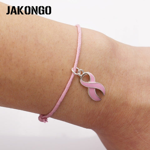 JAKONGO Hope Ribbon Breast Cancer Charm Pendant Bracelet Handmade Rope Adjustable Bracelet DIY  20pcs/lot