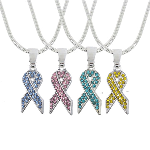 Skyrim Shining Colorful Crystal Ribbon Awareness Pendant Necklaces Breast Cancer Charm Jewelry Necklace Women/Girl Best Gift