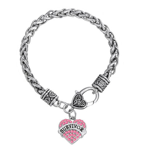 Survivor Breast Cancer Pink Ribbon Crystal Heart Charm Bracelet