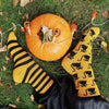 Men and Women's Halloween Socks (Pair) Spooky Black Cat Print Yellow and Black Stripes Socks Halloween Gifts