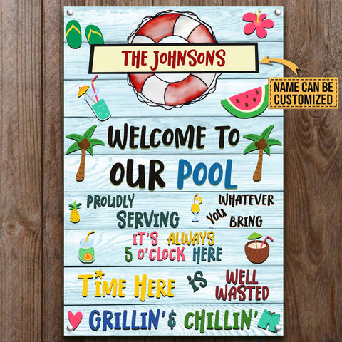 Personalized Metal Sign Welcome To Our Pool, Custom Funny Pool Classic Metal Sign, Swimming Pool Sign, Gift For Summer HT