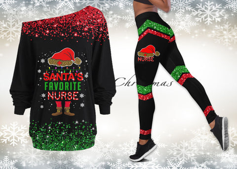Nurse Santa's Favorite Nurse Off Shoulder Shirt & Leggings Set TTM