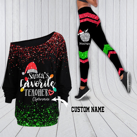 Santa’s favorite teacher Chirtmas gift Custom Off shoulder shirt & Leggings Set TTM