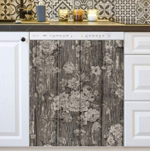Kitchen Dishwasher Cover - Flowers on Dark Wood